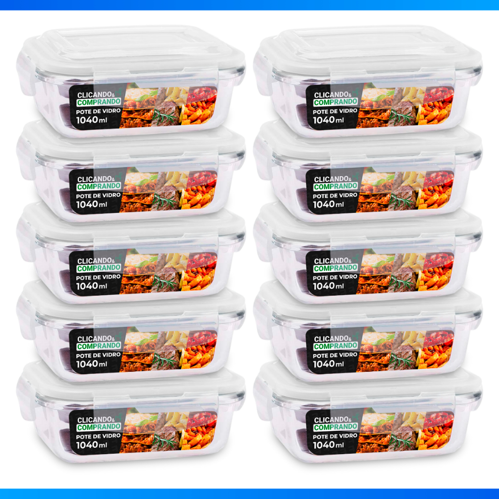 Potes Herméticos 1040ml Vidro Retangular Marmita Premium com Tampa