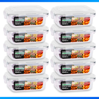 Kit com 10 Potes Herméticos de Vidro 1040ml Retangular Vedação Premium