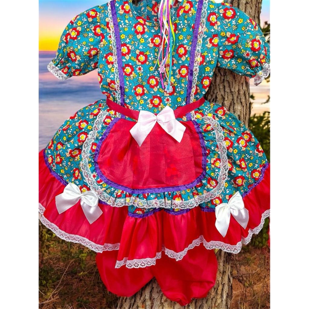 Vestido Junino Infantil Juvenil Festa Junina Menina Floral Roupa Arraial Temático Caipira Com Shorts 1 Ao 16