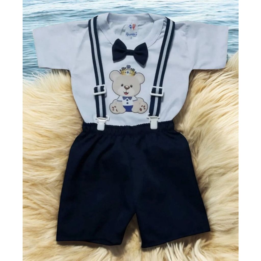 Conjunto Social Infantil Roupa De Bebê Menino Casamento Festa Camiseta, Short e Suspensório Ursinho Príncipe