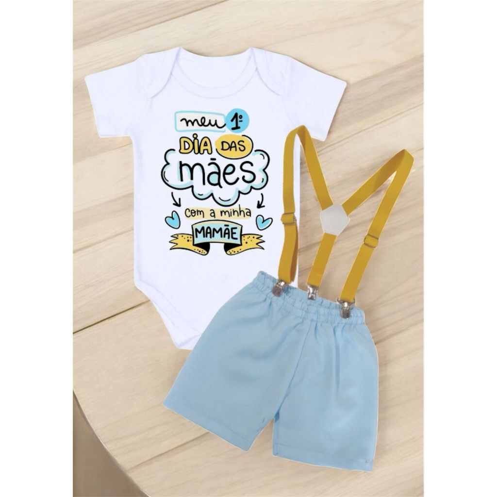 Body Meu Primeiro Dia Das Mães Bebê Menino Conjunto Infantil Com Short e Suspensório Roupa Ensaio Fotos