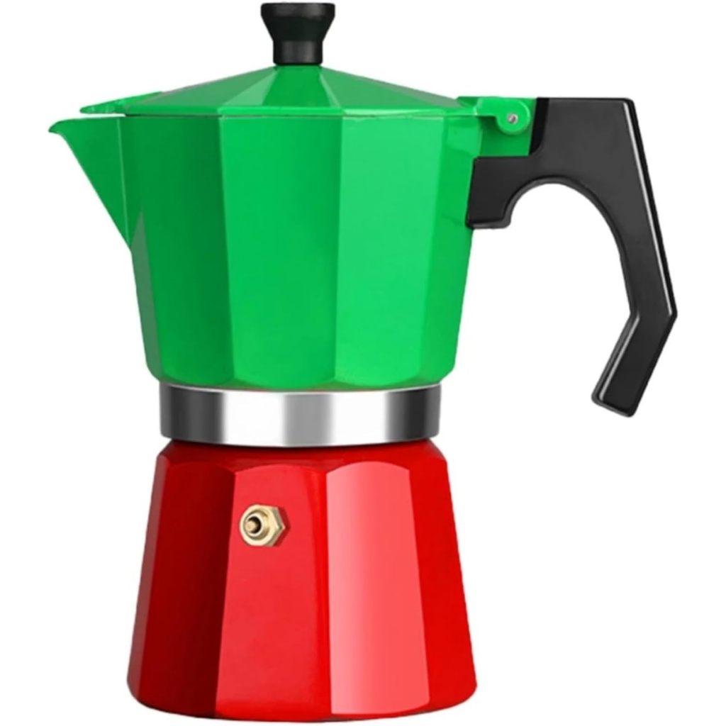 Cafeteira Italiana de Alumínio Moka - Italia Verde e Vermelho Café Expresso Fogão a Gás e Elétrico 3, 6, 9 Xícaras