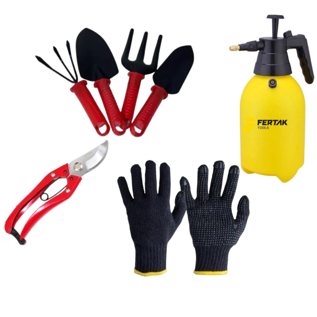 Kit  Jardinagem Pulverizador 1,5l  Tesoura Poda 8"  Mini ferramentas 4 peças  Luva  Kit Iniciante