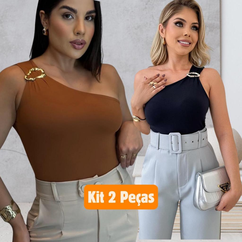 Kit 2 Blusas Feminina Nula Manga Argola Assimetrica Dourada Suplex Elegante Estilosa Mula ...