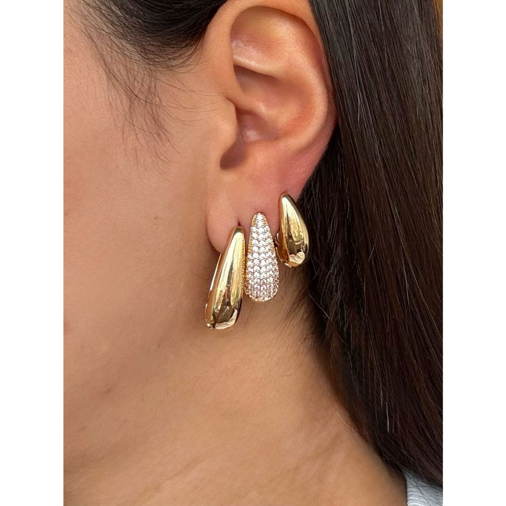 Trio de Brincos Feminino formato Gota com Brilho em Zircônia Bijuteria na cor Prata e Dourado