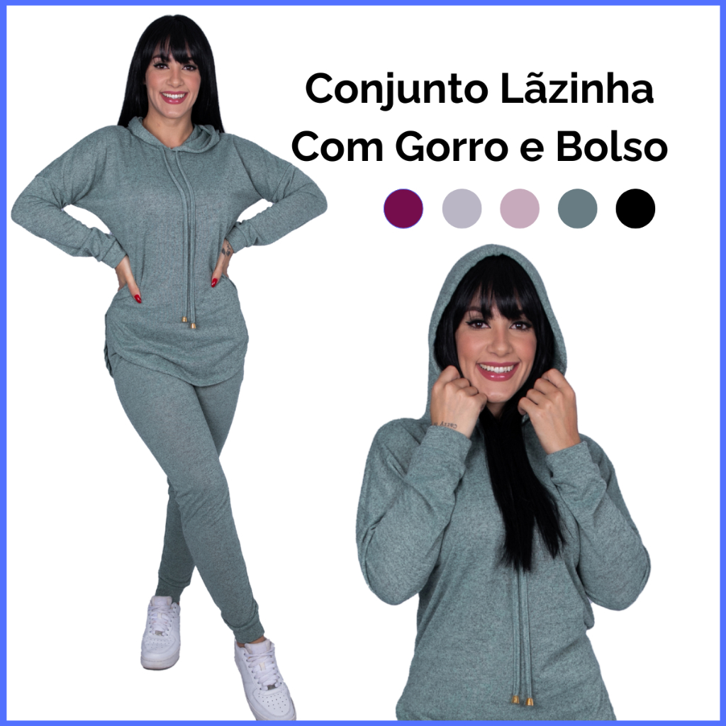 Conjunto Quentinho Blusa De Frio Despojada Moda Inverno Capuz Bolso