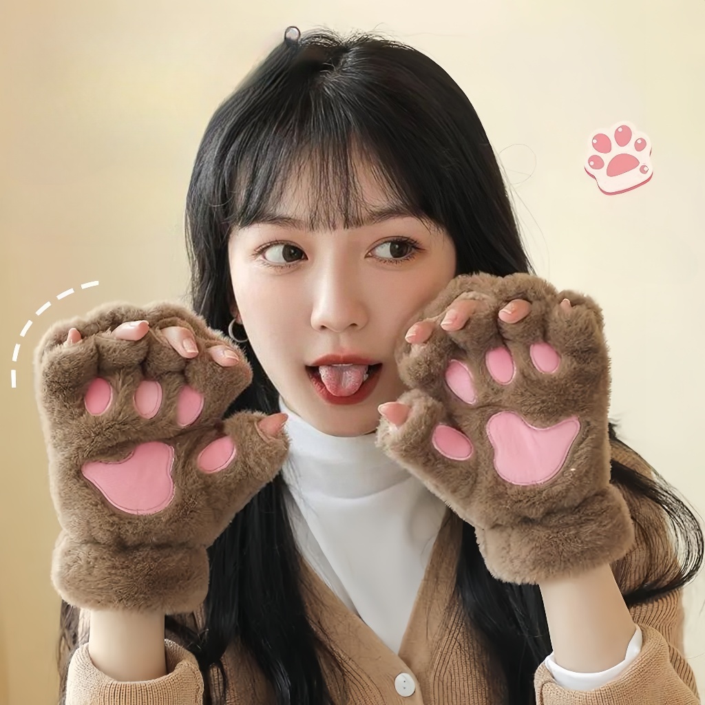 Luvas De Pata De Gato De Garra Cartoon Pelúcia Macia E Quente Mittens Curta Sem Dedo Meio