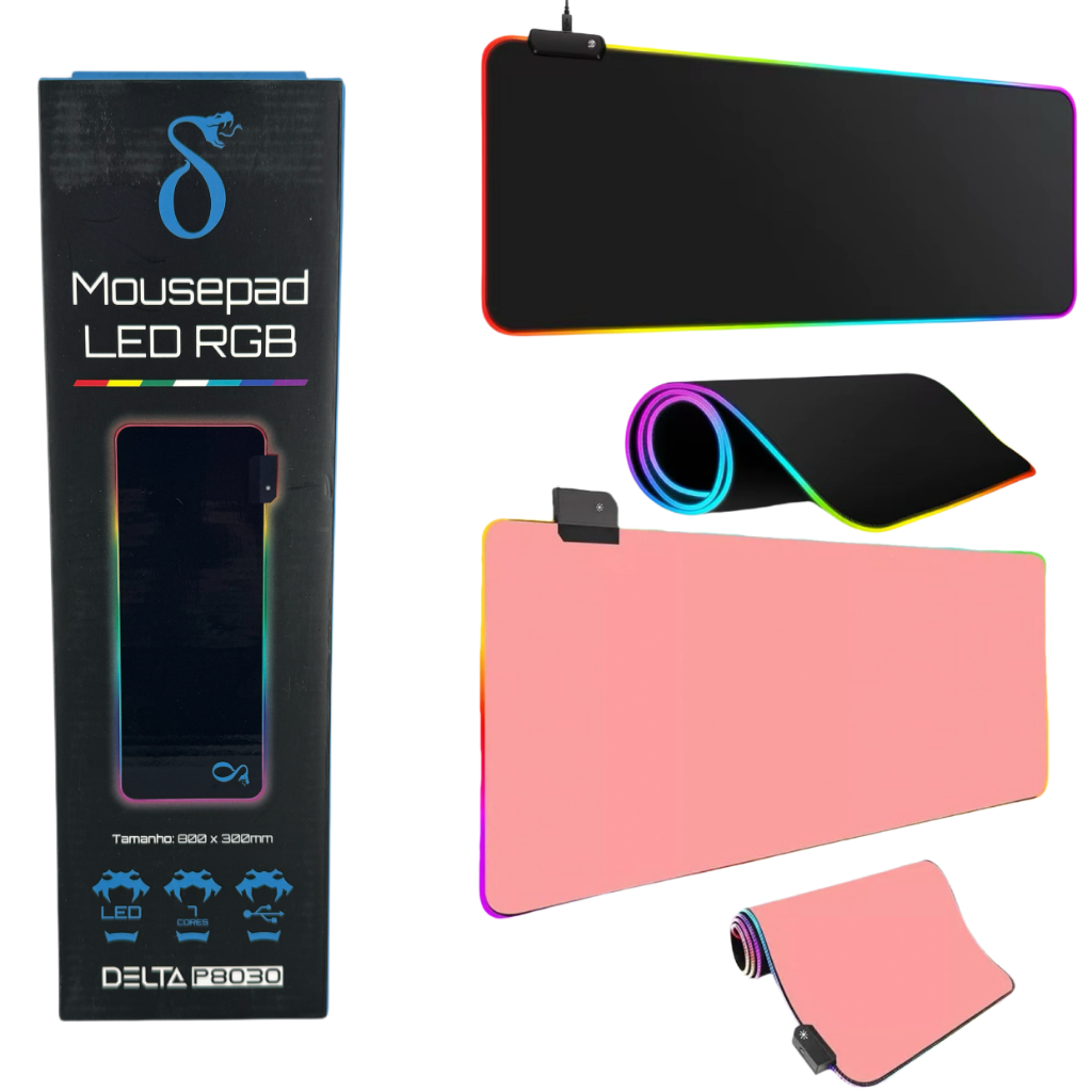 Mouse Pad Gamer Borda LED Rgb 7 Cores Iluminado Grande 80x30cm PRETO ROSA