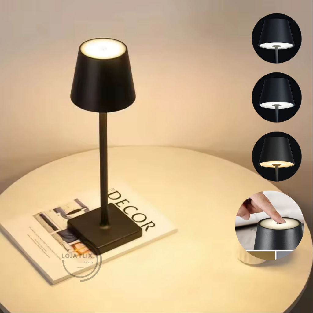 Abajur Luminaria de Mesa Touch Sem Fio Recarregável Ajuste de Luz Quente e Frio