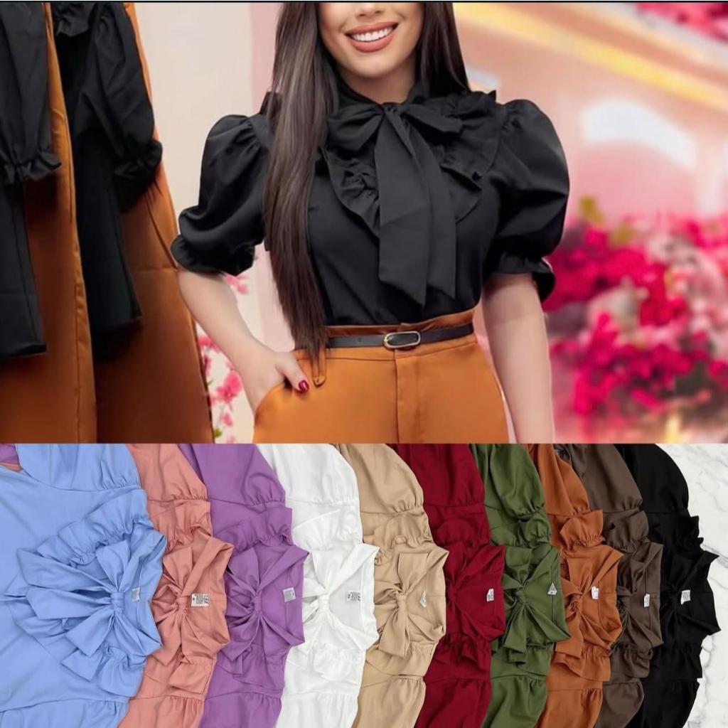 BLUSA SOCIAL MANGA CURTA BUFANTE COM BABADO E LAÇO cód 04  MODA FEMININA 174 em Oferta na Shopee