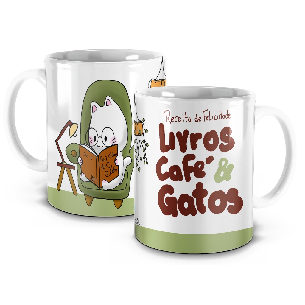 Caneca de Cerâmica Livros, Café e Gatos, Design Gatinho Leitor, Branca e Verde, 325ml em Oferta na Shopee
