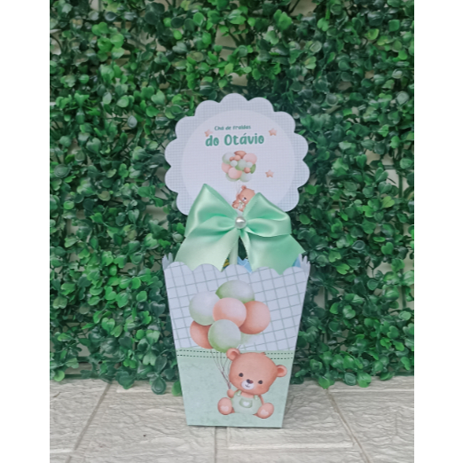 Kit Centro de mesa Cachepot Personalizado Chá de bebe/Revelação  Ursinho Verde - Lembrancinha/Festa