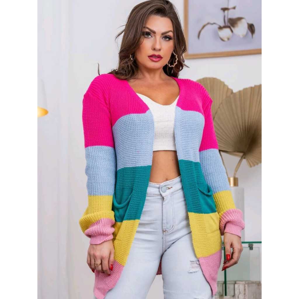 Casaco Feminino Cardigan Barbie Kimono Listrado Tricot Inverno Casual