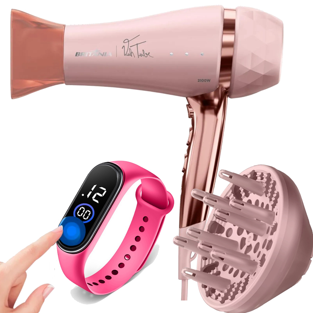 Secador De Cabelo Britania Profissional 2100w Ions Tourmaline Ar Quente Frio Bivolt Com Difusor Cachos Aces