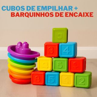 KIT Brinquedo Divertido 5 Barquinhos Encaixe + 10 Cubos Empilháveis Coloridos Números Educativo em Oferta na Shopee