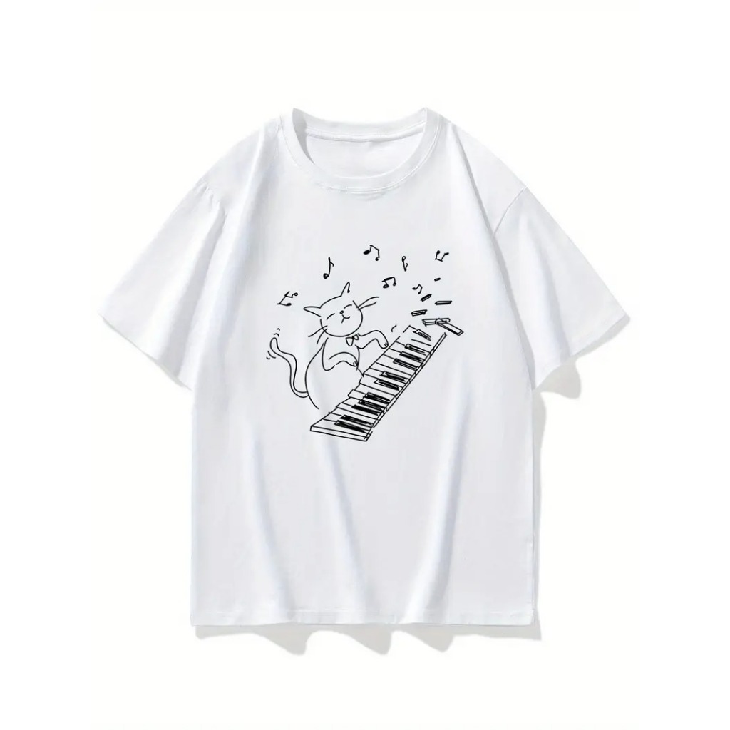 Camiseta Masculina 100% Algodão com Estampa - Gato e Piano Brincalhão, Ajuste Casual e Solto, Manga Curta, Essencial de
