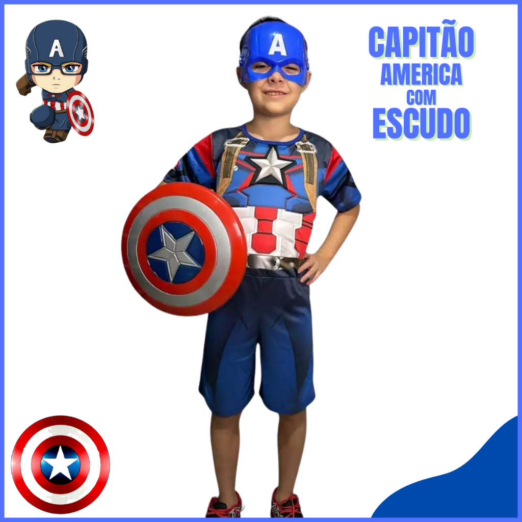Fantasia Capitão América Curta Com Escudo E Mascara Plastico Fantasia Com Enchimento em Oferta na Shopee