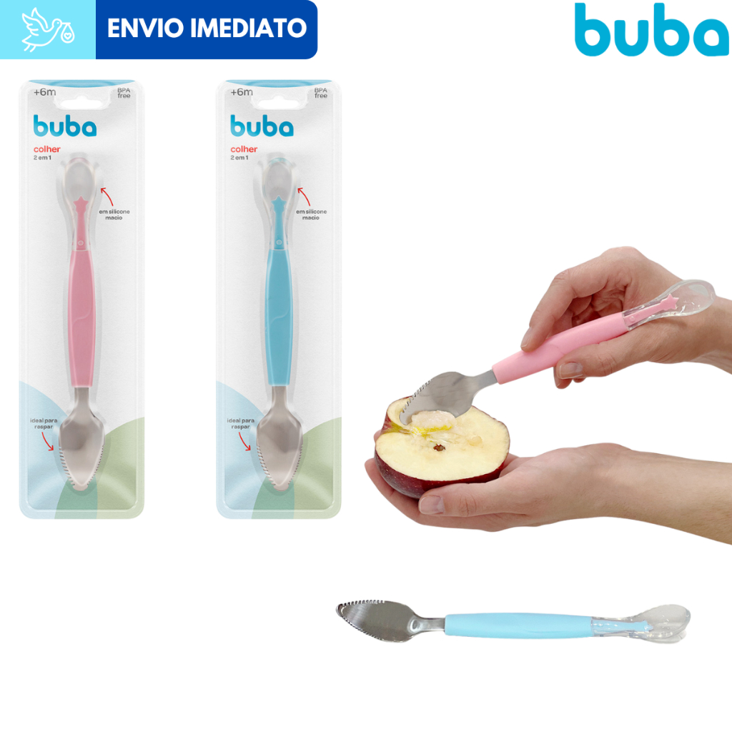 Colher Raspa Fruta Bebê 2 em 1 Buba Silicone Aço Inox em Oferta na Shopee