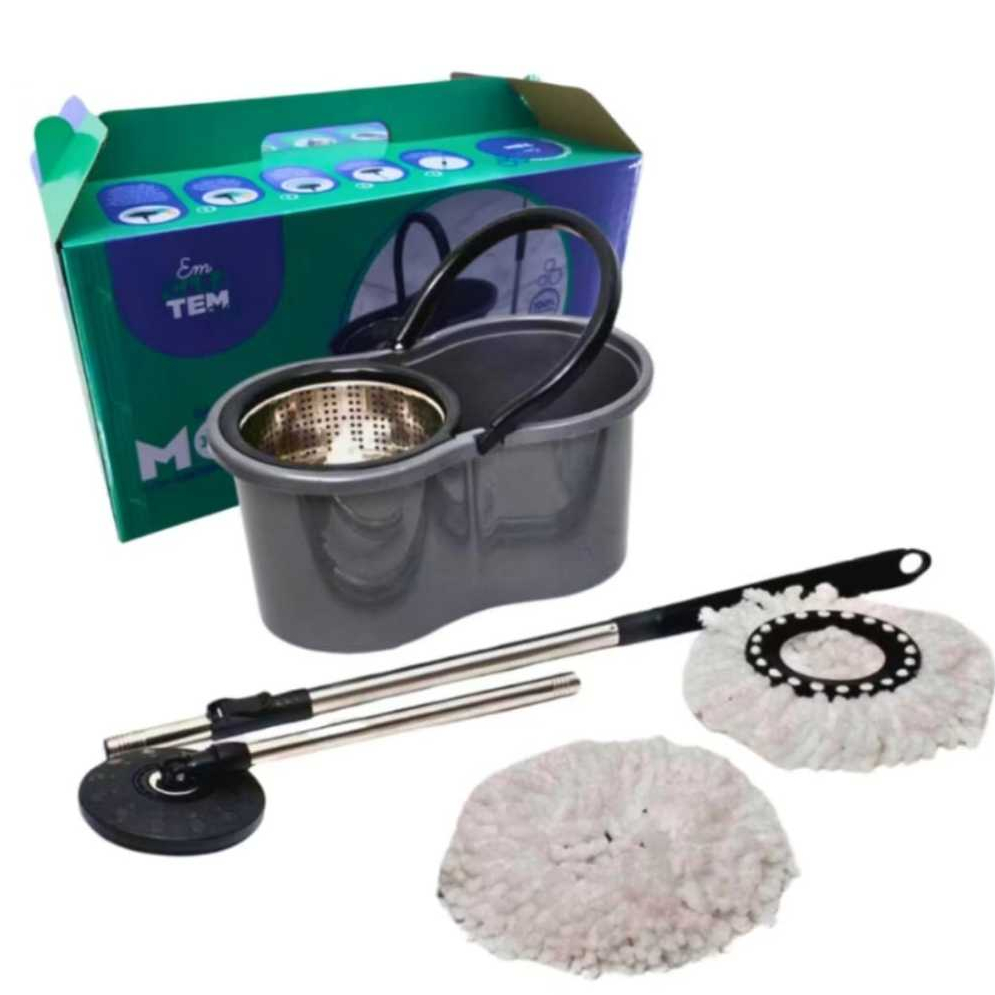 Mop Giratório Balde 9 Litros Esfregão 360 Cesto Inox Limpeza Centrífuga Com Alça