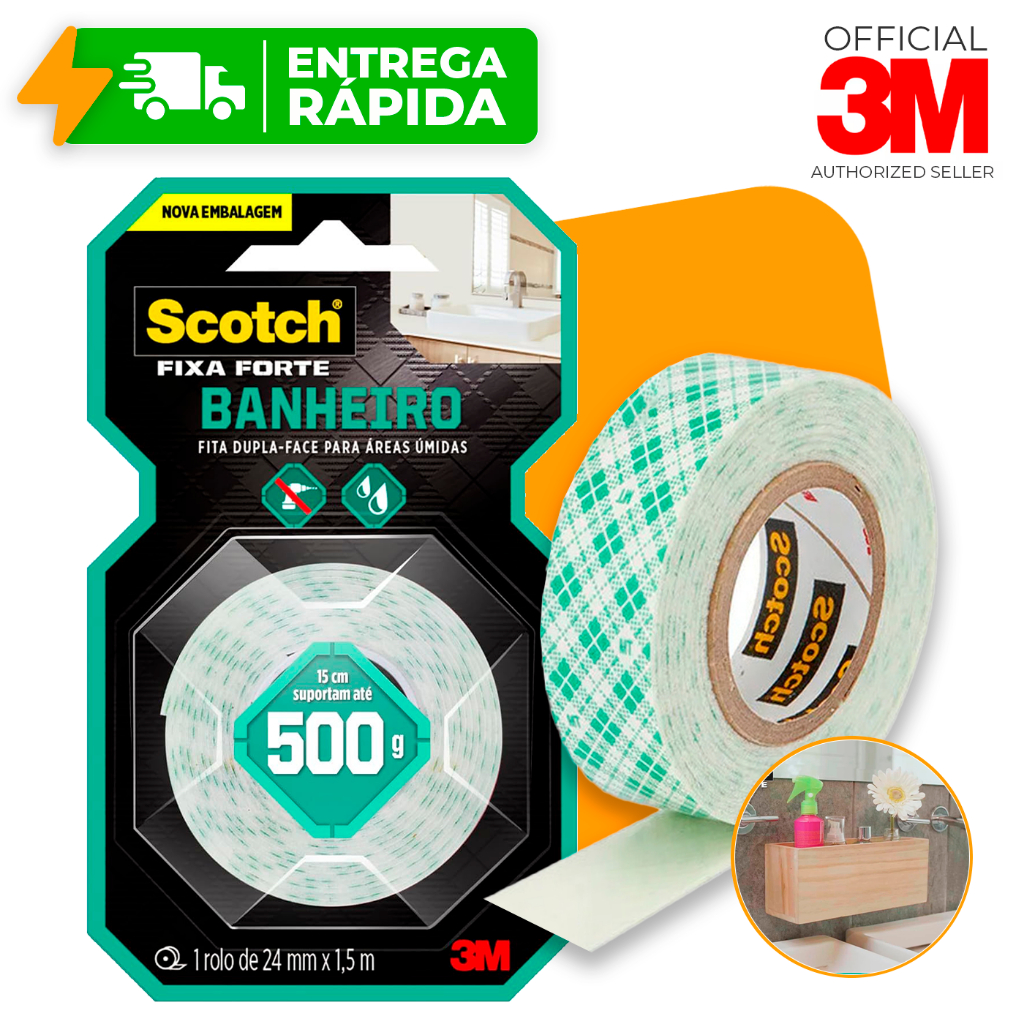 FITA DUPLA FACE 3M ORIGINAL SCOTH FIXA FORTE BANHEIRO 24MM X 1.5M NICHO ESPELHO AMBIENTE UMIDO em Oferta na Shopee