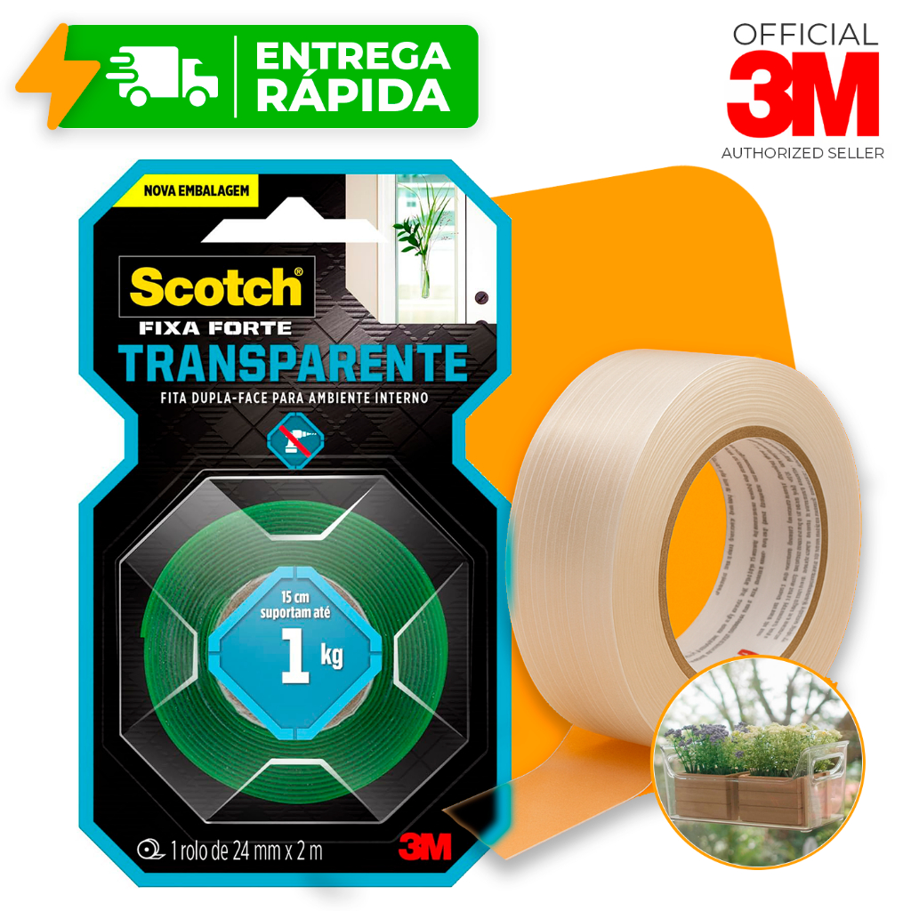 Fita Dupla Face 3M Transparente Fixa Forte 24mm X 2m Para Vidro Fixa Quadro Espelho Chave 5kg Scoth