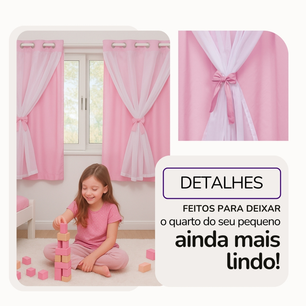 Cortina para quarto de bebê 2,20x1,30 voal menina Teen Indicada para Varão de 1,50m até 1,80m