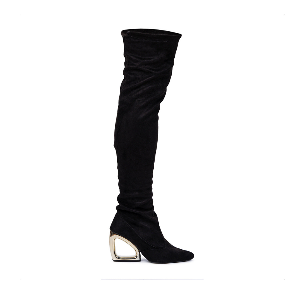 Bota Over Domidona Camurça Strech Bico Fino Salto Alto Vazado Cromado - Women Shoes
