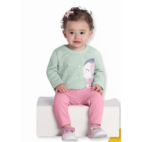 Conjunto Bebe Menina Inverno Brandili - Moletom de Algodão, Blusa Pinguim + Calça Rosa Presente de Natal para menina