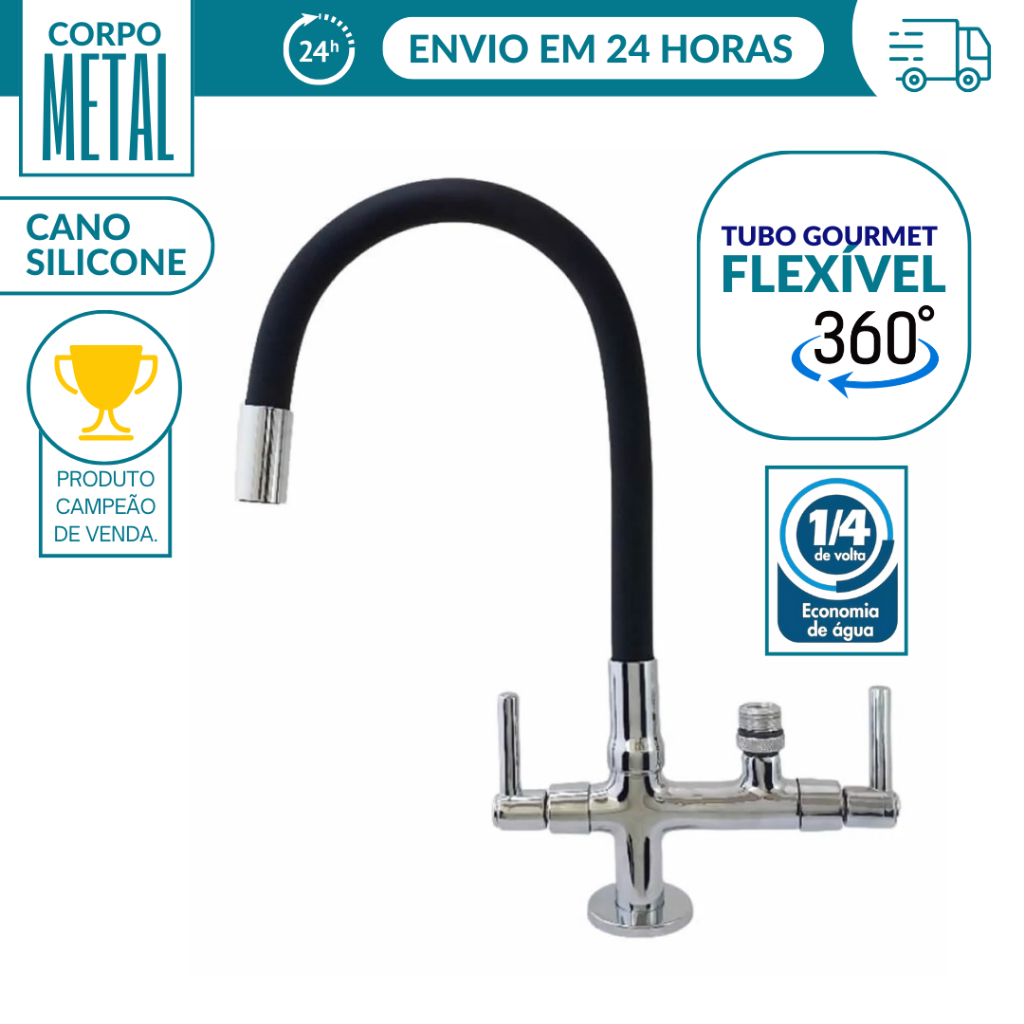 Torneira Gourmet Bancada Tubo Preto para Filtro 1/4" ou Purificador 1/2" FILTRO PROMOÇÃO