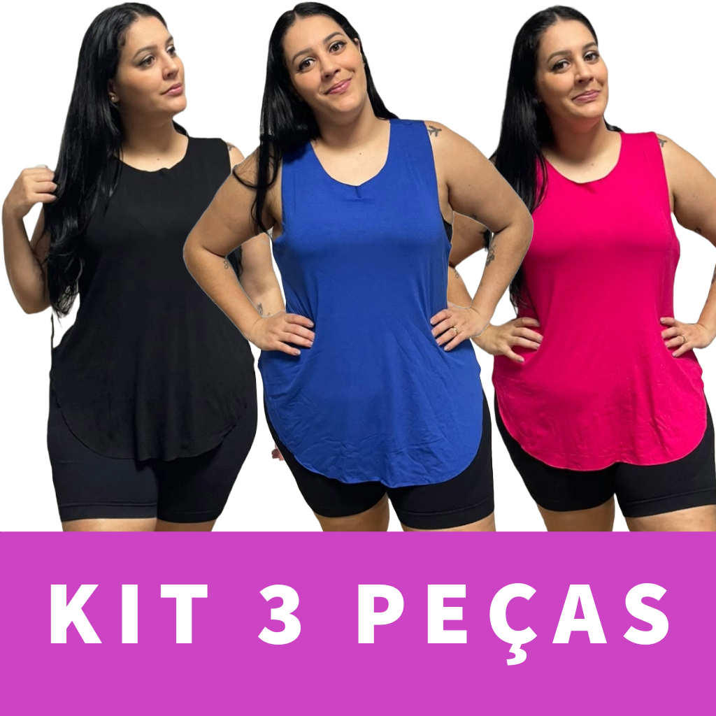 KIT 3 Regata Plus Size Feminina Tapabumbum Nadador Fitness Academia Viscolycra