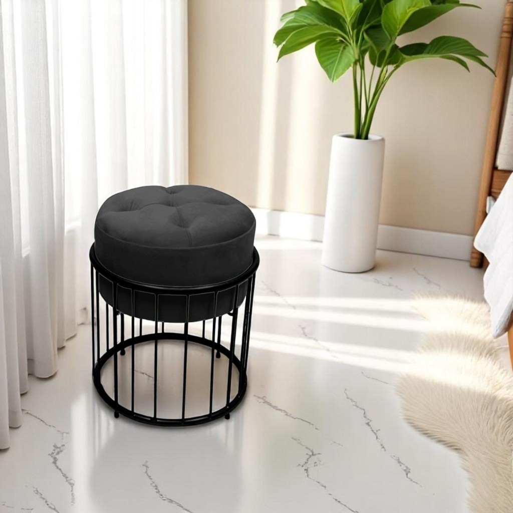 Puff Redondo Argola Palitado Luxo Capitonê Base Preta Sala Quarto Escritório Clinica Estética