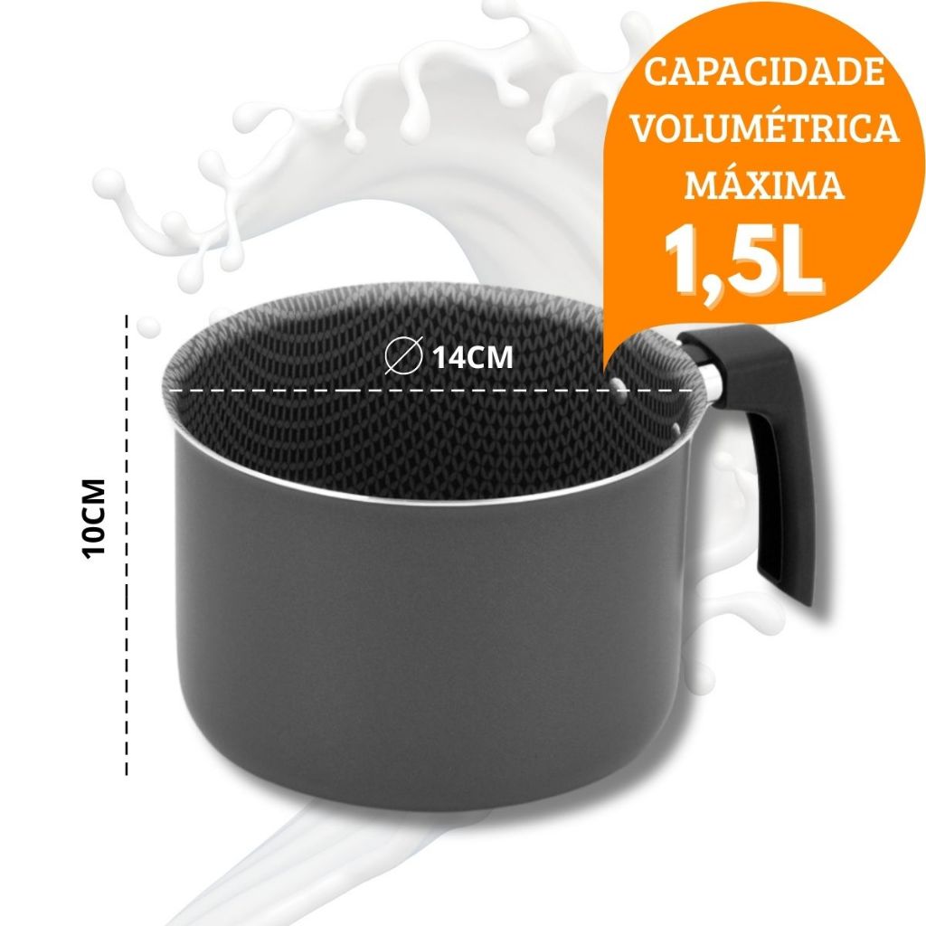 Leiteira Caneco Fervedor Leite Agua Alumínio Teflon Antiaderente 14cm 1.5L Cinza Café Aço Inox