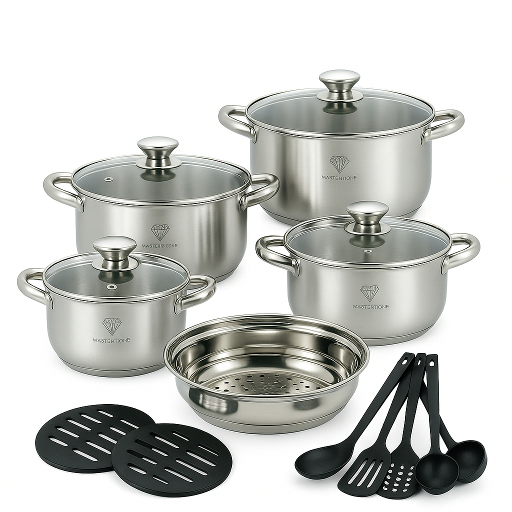 Jogo de Panelas 19 Peças Aço Inox Genebra + Acessórios com Fundo 9 Camadas para Indução ou...