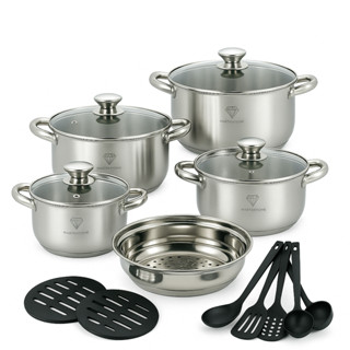 Jogo de Panelas 19 Peças Aço Inox Original Genebra + Acessórios com Fundo 9 Camadas Induçã...