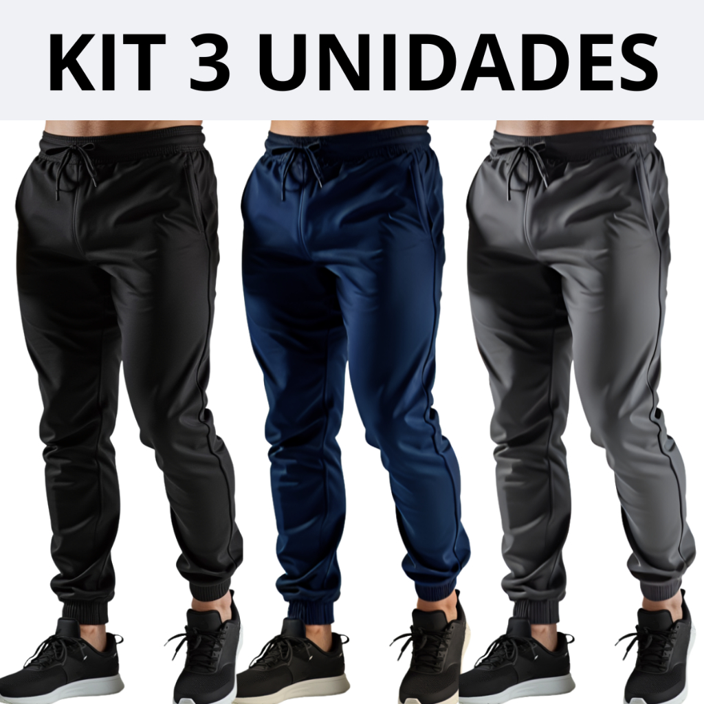 Kit Com 3 Calça Tactel Elastano Jogger Slim Masculina Academia Esportiva Treino Corrida Casual