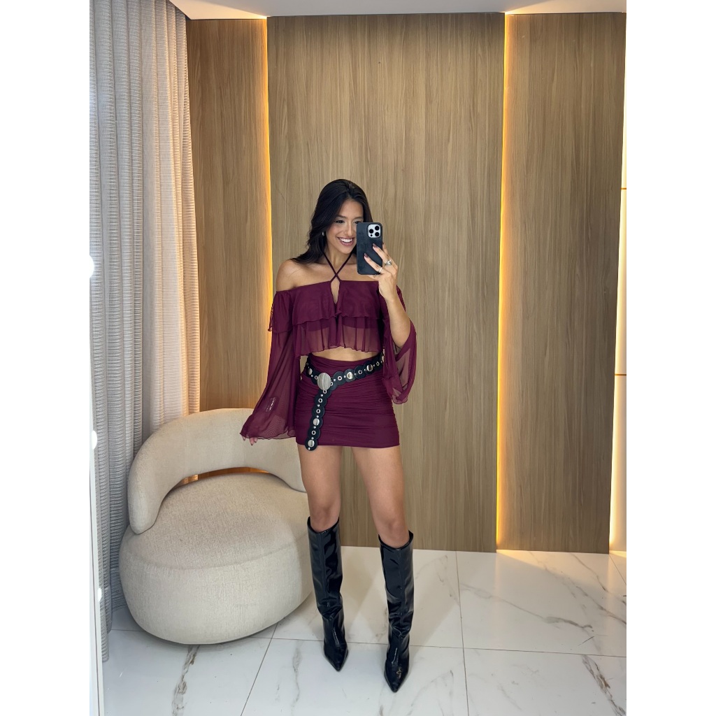 conjunto saia e cropped Boho – Blusa Cropped com manga flare  + Saia Curta Justa – Look Verão Sexy moda blogueira