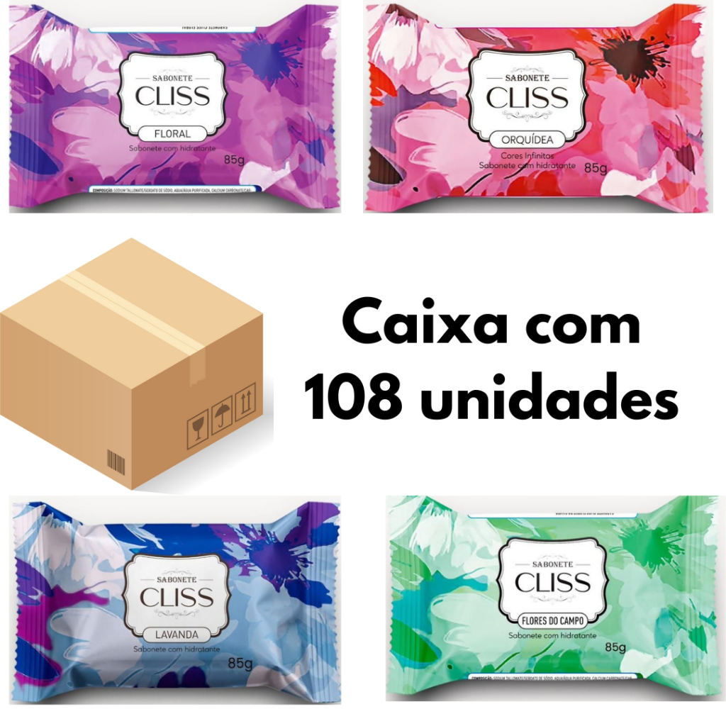 Caixa com 108 un Sabonete CLISS Floral, Flores do Campo, Orquídea e Lavanda.