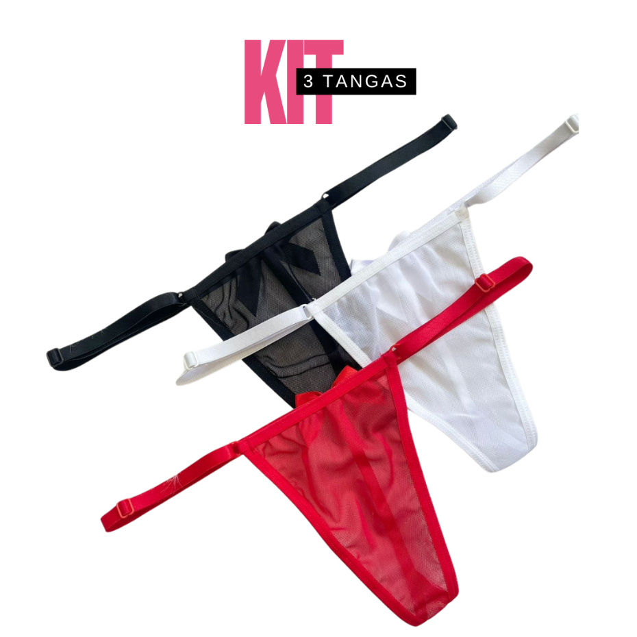 Mit Lingerie Kit 3 Calcinha Sexy Tanga Fio Dental Tule Com Laço em Oferta na Shopee