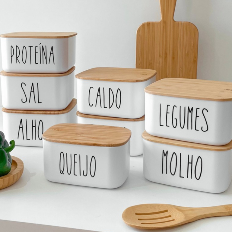 Pote Hermético Branco Tampa de Bambu 1 Litro Saleiro Açucareiro Porta Alho e Potes para Ge...