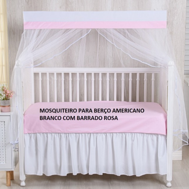 MOSQUITEIRO PARA BERÇO AMERICANO BRANCO COM BARRADO ROSA