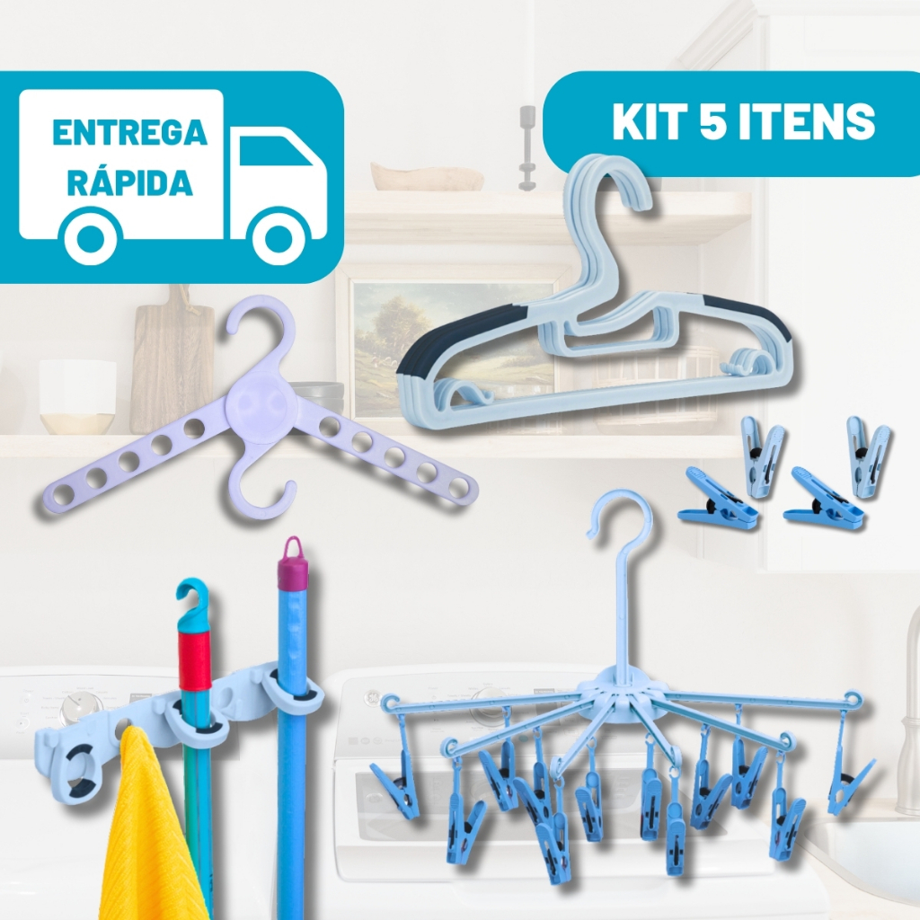 Kit Varal Retrátil Calcinha Roupas Intimas Prendedor  Roupa Suporte Vassoura Kit Lavanderia 5 Itens