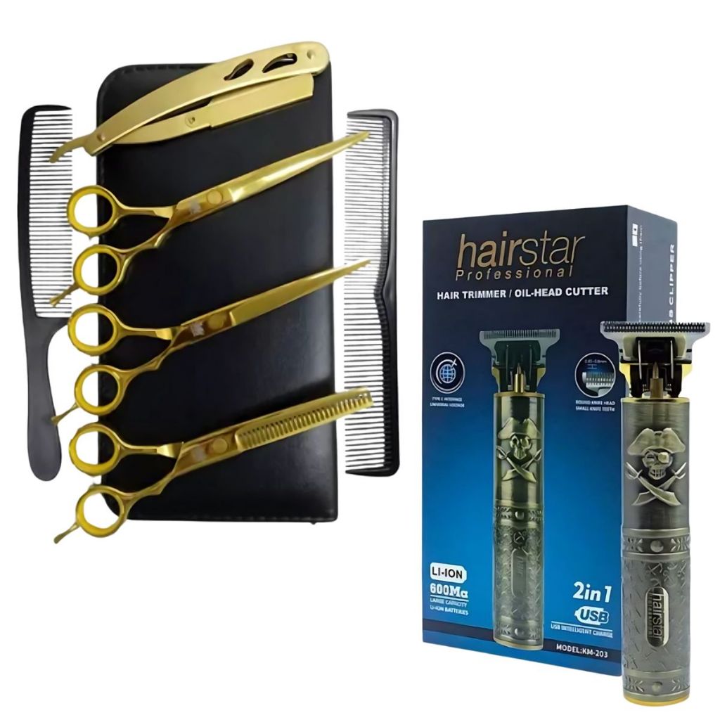 Kit 3 Tesouras Profissional Para Cabeleireiro + Máquina De Acabamento Hairstar KM-203