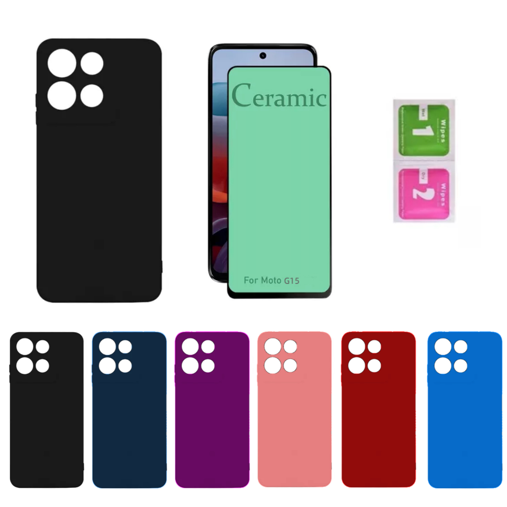 Kit Para Moto G15 Motorola - Película Cerâmica + Capa Aveludada Colorida Capinha