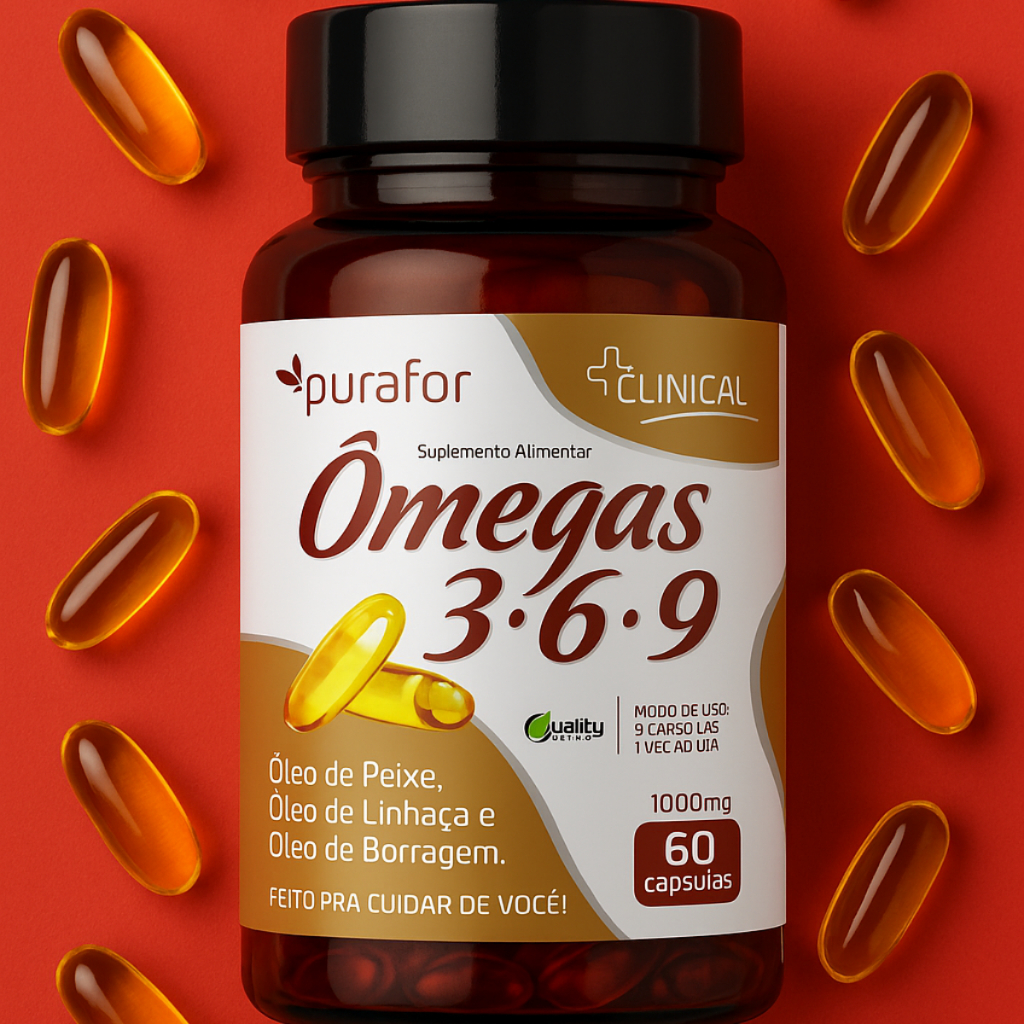 Suplemento Ômega 3 6 9 Com Óleo de Peixe + Óleo de Linhaça + Óleo de Borragem 1000mg 60 Cáps Purafor