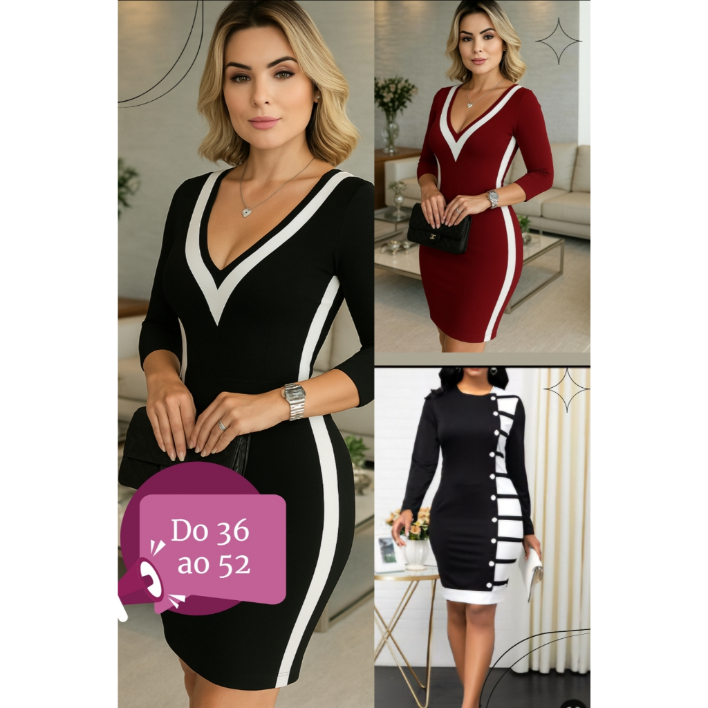 Vestido Moda Evangélica Gospel Plus Size Social Tubinho Preto Manga Longa