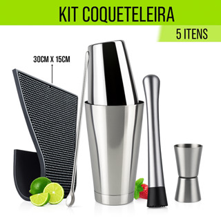 Kit Barman Profissional Coqueteleira Boston Inox + Dosador + Socador + Colher + Tapete Bar...