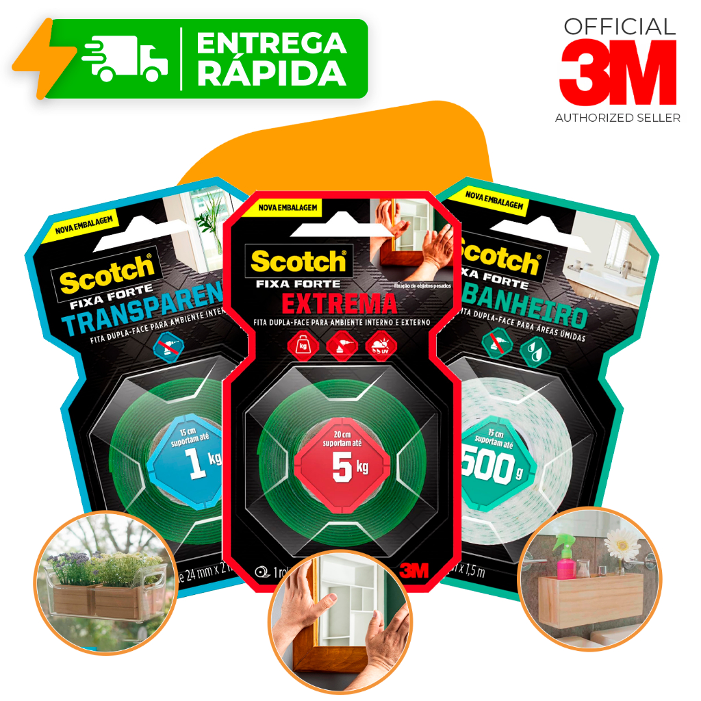 Dupla Face 3M Original Essenciais Extra Forte, Transparente e Banheiro Fixa Quadro Espelho Nicho