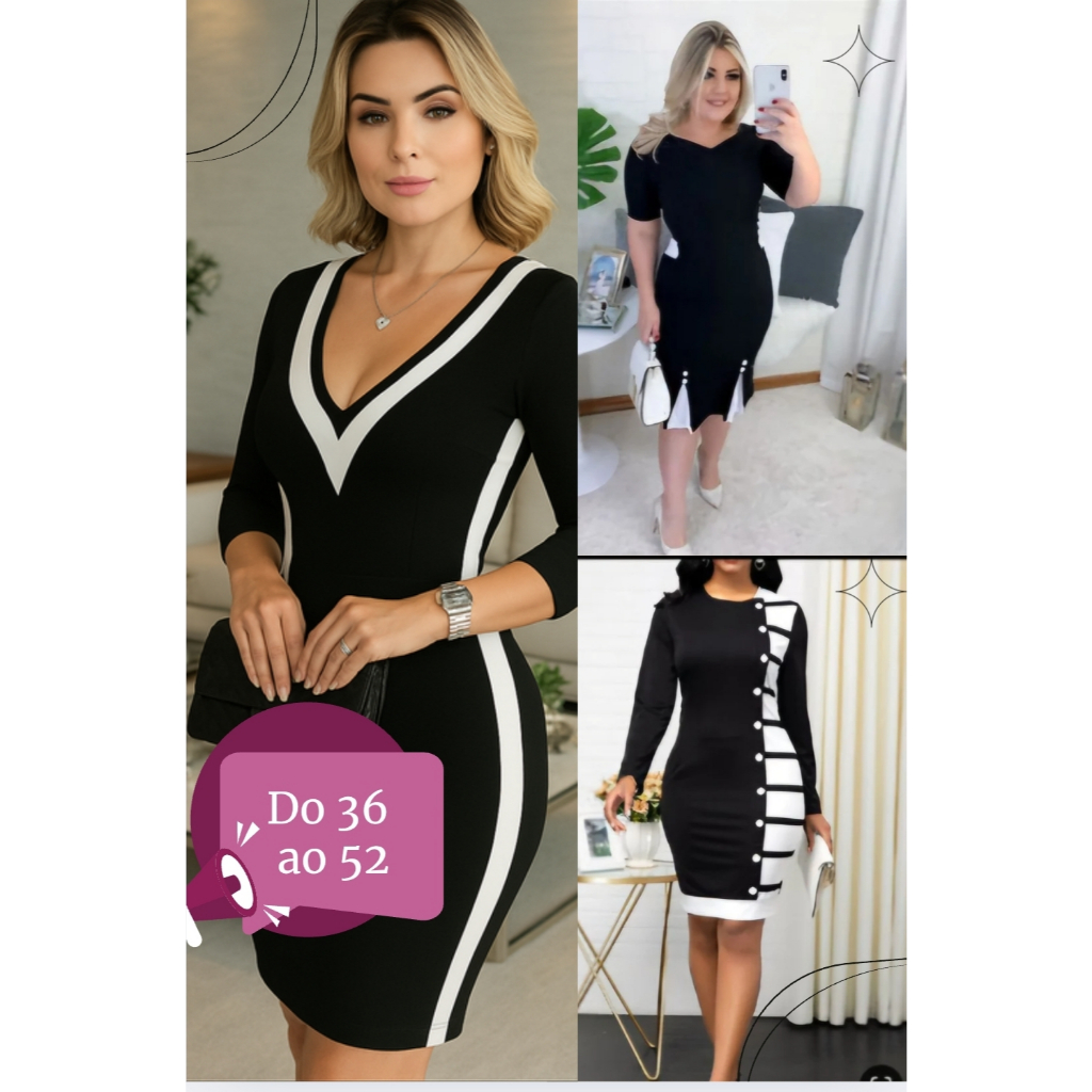 Vestido Evangélico Feminino Social Plus Size Tubinho Preto e Branco Midi