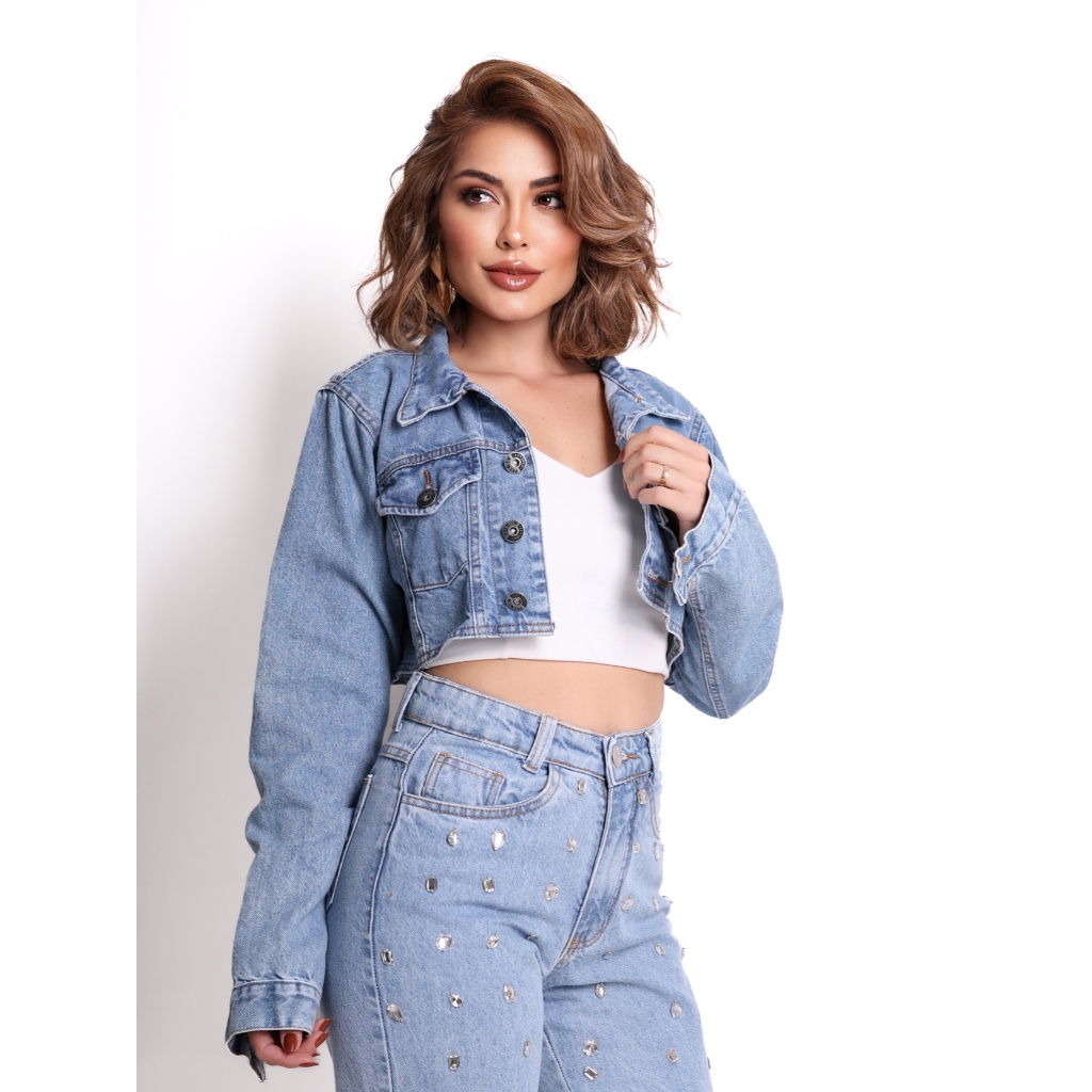 INFINITO MDOA JAQUETA CURTA FEMININA JEANS COM BARRA LISA em Oferta na Shopee
