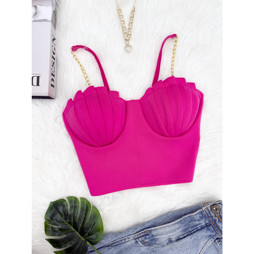 AZALEA Cropped Top Blusinha Alça Fina Corrente Com Bojo Sereia Concha Moda 148